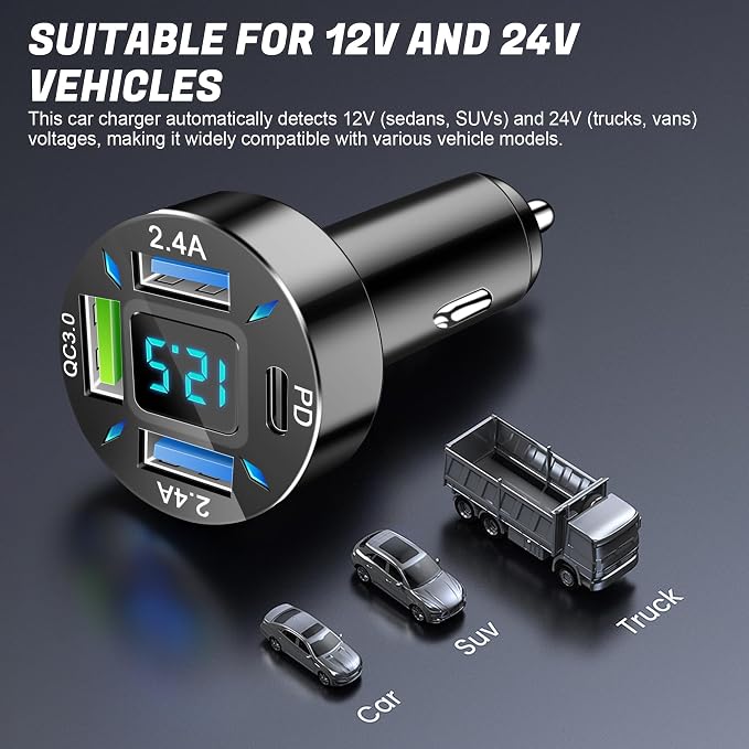 4-Port Car Charger, 12-24V Cigarette Lighter Adapter with 3 USB & 1 USB-C Port, Supports QC/PD Fast Charging, Features Digital Display and LED Lights, Fits iPhone, Fits Samsung and More Phones