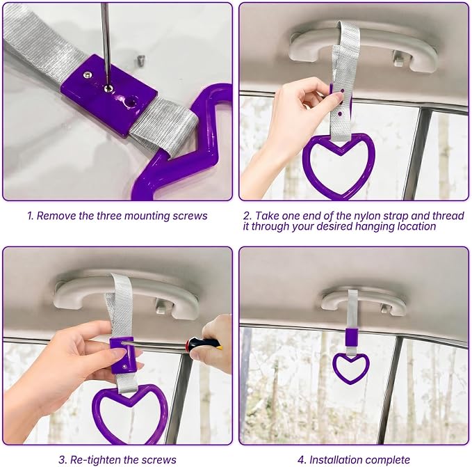 2 Pcs Heart Shaped Car Handle Strap – JD M Drift Charm Rear Bumper Warning Ring Decor for Car Interior Exterior, Subway Bus Handle Accessory, Cute Heart Car Decor Gift for Drivers (Purple-Silver)