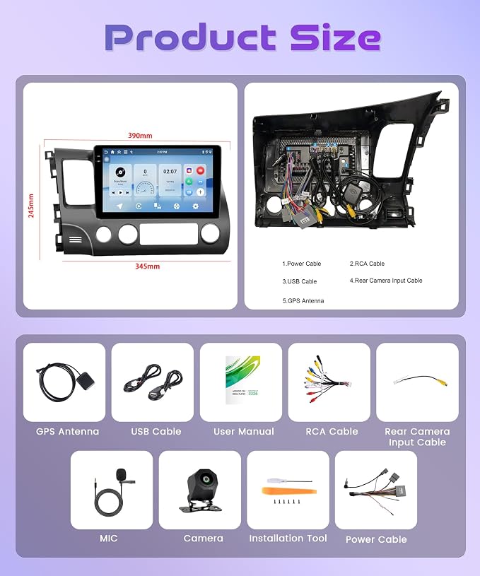 4G 128G Android Car Stereo for Honda Civic 2006-2011, Wireless CarPlay & Android Auto, 5GHz WiFi GPS, 10.1'' Touchscreen, Bluetooth/FM/RDS, EQ, SWC + AHD Backup Camera