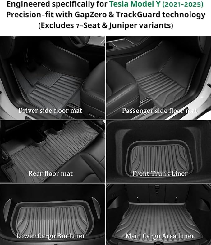 6-Piece Floor Mats & Cargo Liners Compatible with Tesla Model Y 2020-2024 5-Seat, 5D Laser Measured All-Weather Floor Liners with Trunk Frunk Mats & Door Sill Threshold Guards, Black