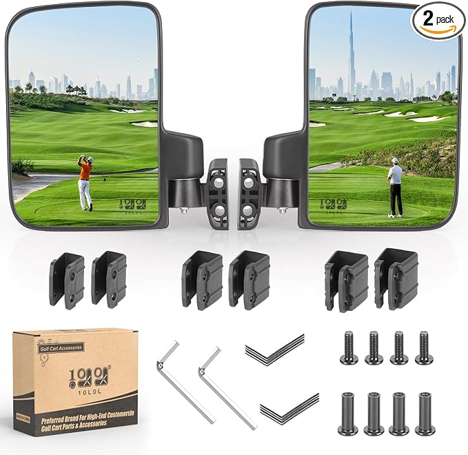 Golf Cart Mirror No Drilling Side Mirrors Universal for Yamaha, Club Car, EZGO, Folding Side Rear View Mirrors Adjustable 180 Degree HD Glass