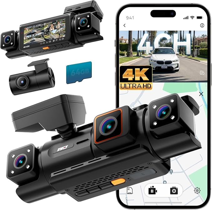 N7 PRO 4K STARVIS 4 Channel Dash Cam, 360° View Front Rear and Dual Inside Camera, WiFi 6 & GPS, 8-IR Night Vision, 2160P Dash Camera for Cars, 3.18" IPS, 24/7 Parking Mode, Free 64GB Card