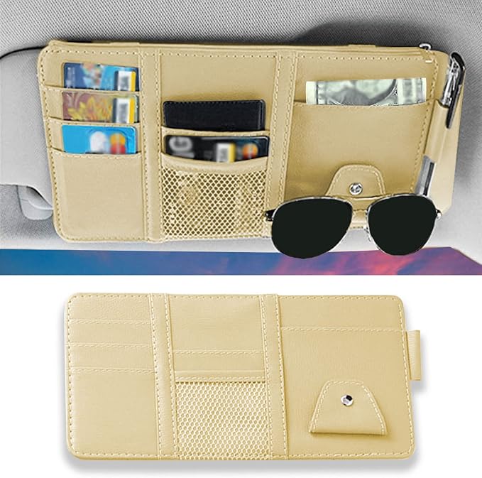 1 Pack Car Sun Visor Organizer, Sunglasses Holder for Car Sun Visor, Auto Interior Accessories Pocket Organizers Can Store for Sunglasses, Documents, Cards, Pen, Drivers License (Beige)