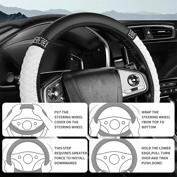 Bling Car Steering Wheel Cover, 15 Inch Rhinestones Soft Leather Elastic Steering Wheel Protector, Sparkly Crystal Diamond for Women, Car Interior Accessories for Most Cars (White)