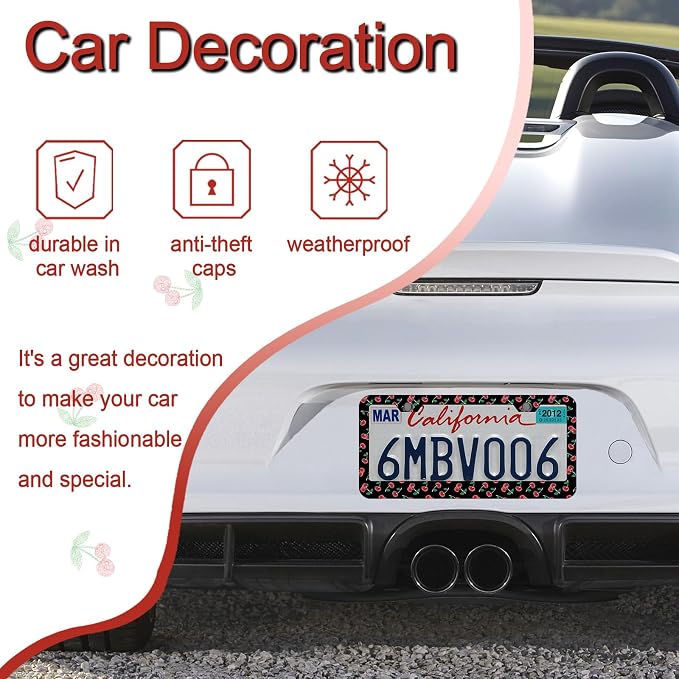 Cherry License Plate Frames，red Cherry Car Accessories for Women and Men ，Cute License Plate，Aluminum License Plate Frame Fits Standard US Vehicles Size 12.2 x 6 Inch (Black-Cherry)