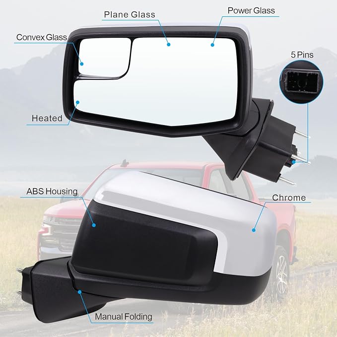Left Driver Side Mirror Compatible With 2019-2025 Chevy Silverado 1500 With Power Glass Manual Folding Heated Without Turn Signal Chrome Replace#GM1320583(5Pins)