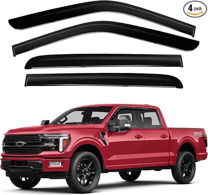 Window Visors Rain Guards for 2015-2025 2026 Ford F150 SuperCrew/2017-2026 F250/F350/F450/F550/Super Duty Crew Cab Accessories, Tape-On Side Window Wind Deflectors Vent Visors Rainproof Black
