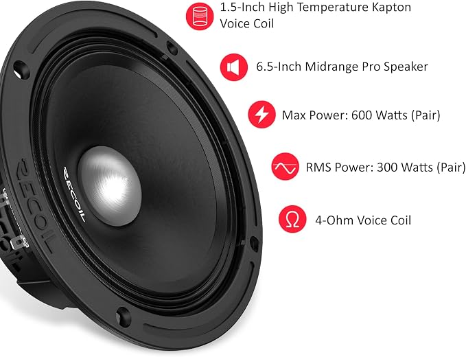 MS65-4P 6.5-Inch Midrange Pro Audio Car Speakers, 600 Watts Max Pair 4Ohm, 1.5-Inch High Temperature Kapton Voice Coil, Premium Quality Audio Door Speakers