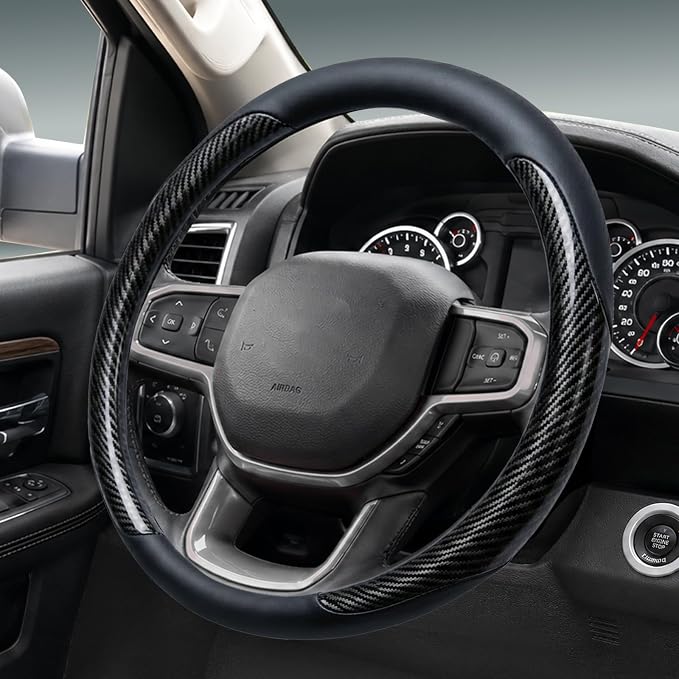 Leather Steering Wheel Cover for Chevy Silverado 1500 2500 3500, 14.5-15 inches Car Steering Wheel Cover with Non-Slip Breathable (Carbon Black)