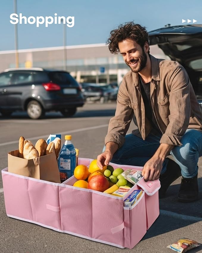Trunk Organizer for Car - Car Organizer, Foldable Trunk organizer for SUVs & Sedans, Sturdy Organization for Car Accessories, Tools, Sundries, Pink, 2 Compartments, 21.3"×12.6"×10.6"