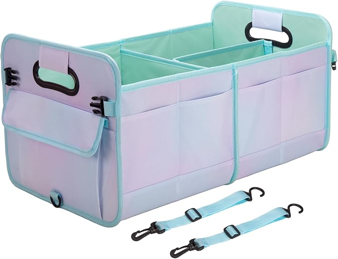 Trunk Organizer For Suv&Sedan,Car Organizers&Storage, Waterproof Collapsible & Adjustable Straps,70L Sturdy Car Organization for Car Accessories,Tools,Sundries,2-3Compartment(Colorful Green)
