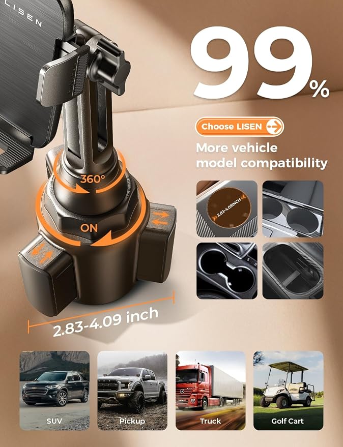 Upgraded Version Cup Holder Phone Holder 360° Adjustable Long Neck Car Phone Mount Golf Cart Phone Holder, Truck Jeep Accessories for iPhone 17 Air Pro Samsung Google and All 4-7'' Phone