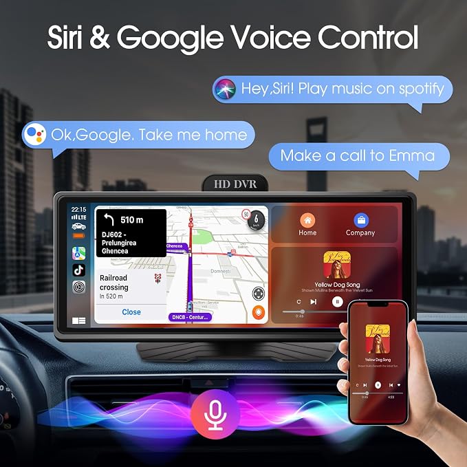 Wireless Carplay Screen for Car, 10.26" Portable Car Radio with Apple CarPlay & Android Auto, Backup Camera/Mirror Link/GPS/BT/Voice Control/AUX/FM Satellite Radio for All Vehicles