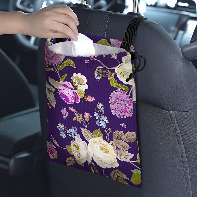 Car Trash Bag Hanging Back of Seat Waterproof Small Cute Printed One-Handed Strap Drawstring Garbage Bags for Car-Purple Floral