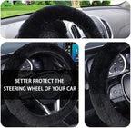 Fuzzy Steering Wheel Cover, 15 inch Soft Wool Fur Steering Wheel Protector, Fluffy Wheel Covers for Winter Warm, Car Interior Decoration Accessories for Women Men (Black)