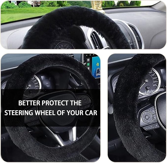 Fuzzy Steering Wheel Cover, 15 inch Soft Wool Fur Steering Wheel Protector, Fluffy Wheel Covers for Winter Warm, Car Interior Decoration Accessories for Women Men (Black)