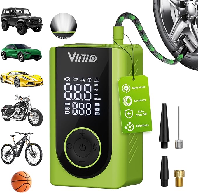 Tire Inflator Portable Air Compressor Cordless, LED Digital Display & Auto Shut-Off, 5 Modes, 150 PSI Air Pump for Car, Balls, Bike, Motorcycle, with Pressure Gauge & Accessories Included, Green