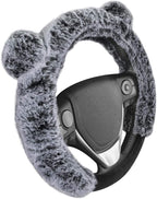 Bear Fur Plush Steering Wheel Cover - Cute Faux Wool Protector for Women Girls Fits Wheels 14.5-15 inch Gray - with Ears
