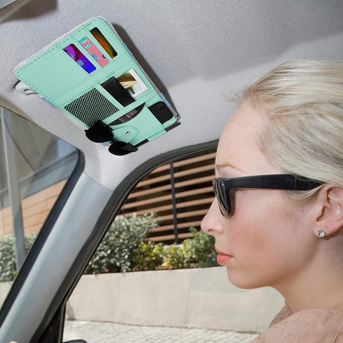 Car Sun Visor Organizer, Leather Pocket Organizer Sunglass Holder for Car Interior Accessories with Multi-Pocket Net Zipper (Blue)