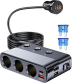 7-1 Cigarette Lighter Splitter, 3-Socket Adapter with PD 30W Type-C | 12V/24V Car Charger, QC3.0 & Dual USB Ports, Independent Switches, Voltage Display, 3.3FT Extension Cord for Truck RV SUV