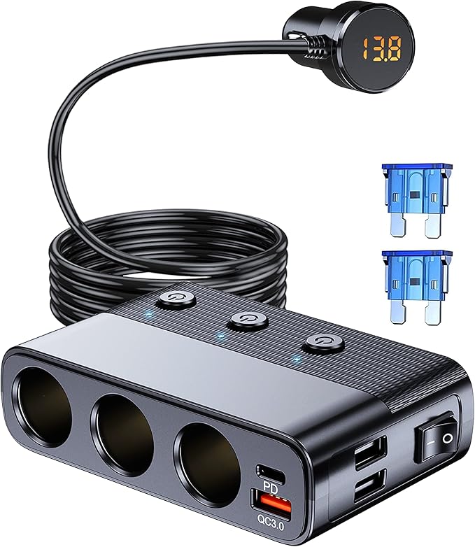 7-1 Cigarette Lighter Splitter, 3-Socket Adapter with PD 30W Type-C | 12V/24V Car Charger, QC3.0 & Dual USB Ports, Independent Switches, Voltage Display, 3.3FT Extension Cord for Truck RV SUV