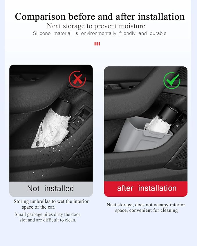 Car Interior Storage Box, Black Silicone Door Side Organizer with Umbrella Holder and Trash Can, Vehicle Accessory (Grey)