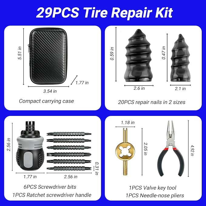 29PCS Tire Repair Rubber Nail Kit, Premium Spiral Screw-in Tire Plugs with 2 Sizes, Tire Repair Kit Emergency Roadside Flat Tire Fix Tool for Car Truck Motorcycle Tractor ATV SUV