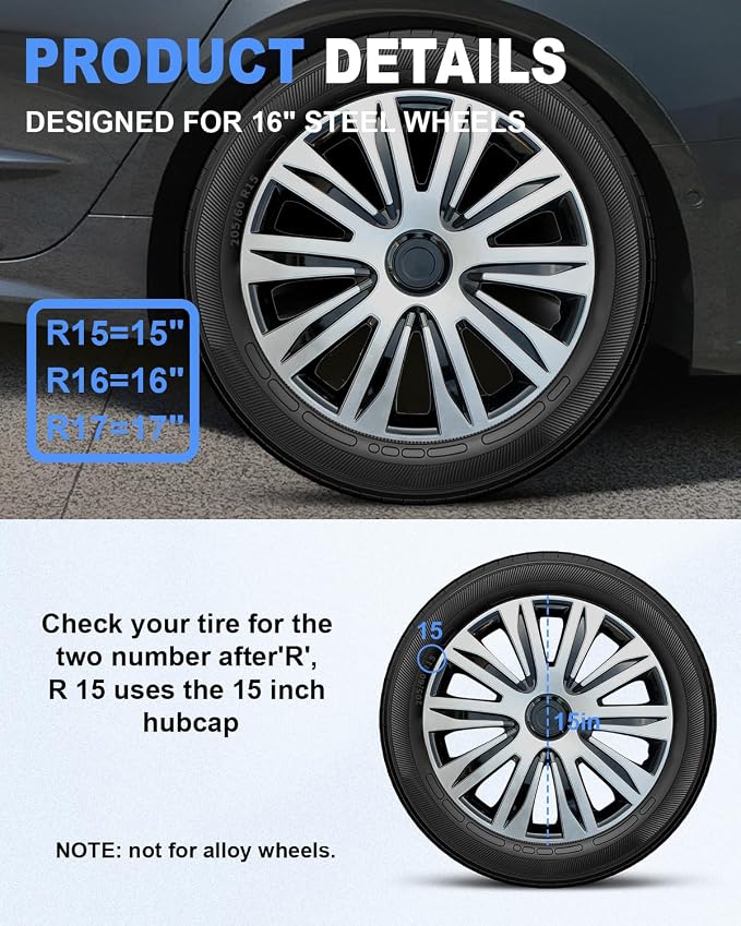 Hubcaps,15 inch hubcaps Set of 4, Wheel Rim Cover ABS Material, Snap On Car Truck SUV Replacement, for Toyota Camry Nissan Mazda etc, Black&Silver