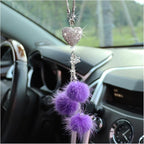 Bling Diamond Heart Car Interior Accessories, Mirror Hanging Ornament for Women, Love Heart & Pink Plush Ball Decor Ornament Pendant, Hanging Decoration Charm Pendant (Purple)