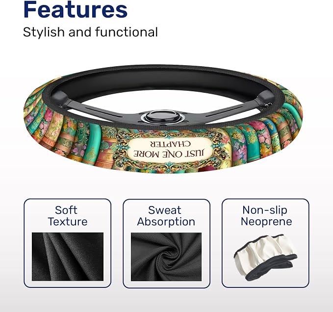 Vintage Classic Books Steering Wheel Cover, Polyester Car Wheel Grip, Universal 15 Inch for Cars SUVs Trucks