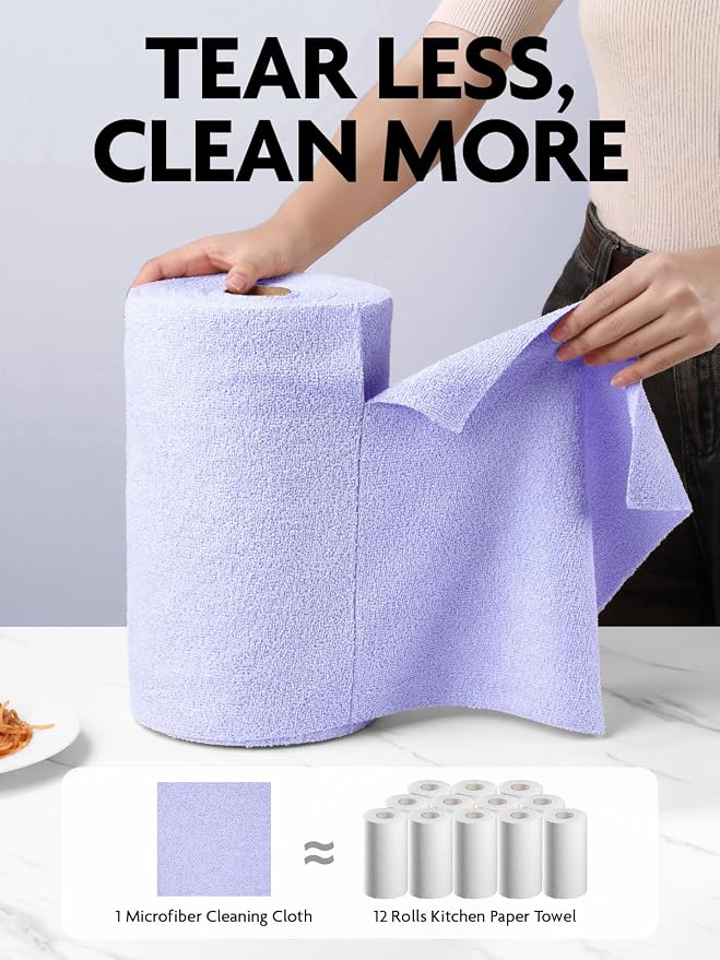 Microfiber Cleaning Cloth Roll- 75 Sheets, 12"x12" (Lavender) | Super Absorbent, Lint-free, Tear-away Microfiber Towel Roll, for All-Purpose Cleaning, Reusable Alternative to Paper Towels