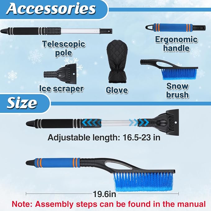 Snow Brush & Ice Scraper for Car Windshield with Glove - 16.5"-23" Extendable Snow Scraper Long Handle Brush Warm Glove Kit for Remove Quickly Automotive/Cars/Trucks/SUVs
