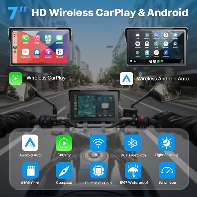 Motorcycle CarPlay Screen with Android Auto – 7” Waterproof GPS, Pantalla para Moto, Apple CarPlay, Navigation System for Motorcycle, Dual 2K Dash Cam Bluetooth Audio,64GB&TPMS with Magnetic