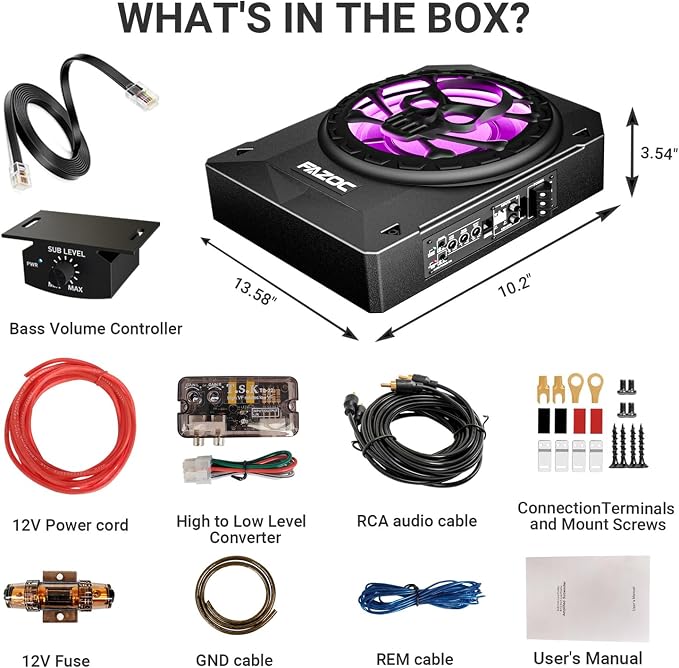Car Underseat Subwoofer Amp – 10" 1200W RGB, fits SUV/Truck,Skull | Powered sub and amp package with adjustable gain, bass boost & low pass, plus beat-synced RGB lighting for under-seat install