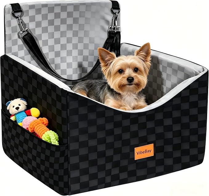 Dog Car Seats for Small Medium Dogs Up to 35lbs | Elevated Dog Booster Seat with Detachable Washable Cover & Cushion | Memory Foam Pet Car Travel Seat with Safety Belt and Storage Pockets (Black Grey)