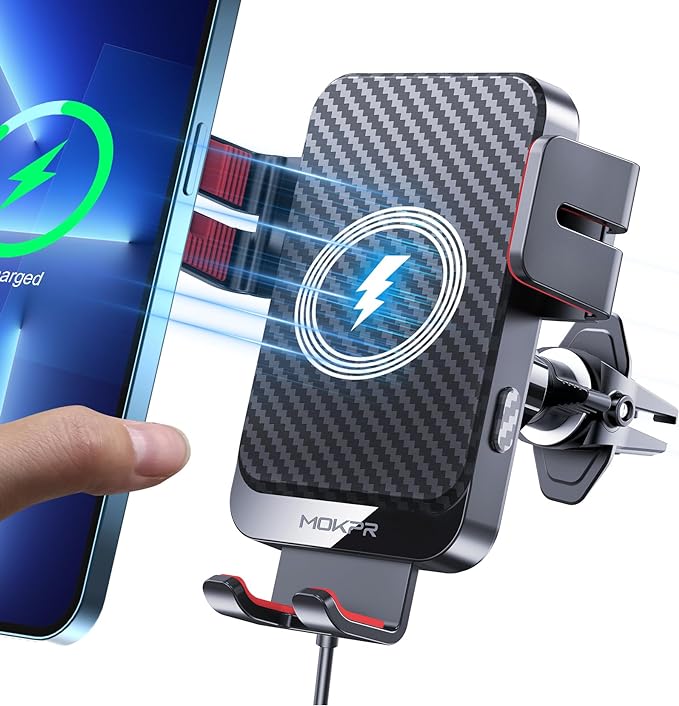 Wireless Car Charger, 15W Fast Charging Auto-Clamping Phone Mount Air Vent Cell Phone Holder Compatible with iPhone 16 15/14/13/13 Pro/12 pro/12, for Samsung Galaxy S23/S22/S21/S20, Red