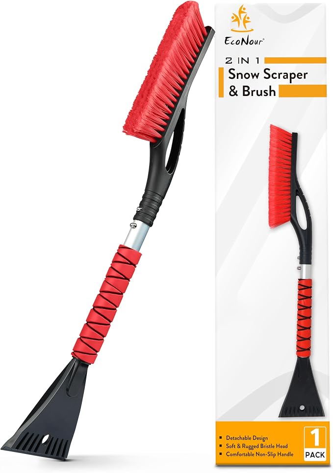 27" Aluminum Car Snow Scraper and Brush (Red) | Scratch-Free Weaved Bristle Head with Metal Body Ice Scraper for Car Windshield | Tough Ice Scraper with Ergonomic Foam Grip for Cars | 1 Pack