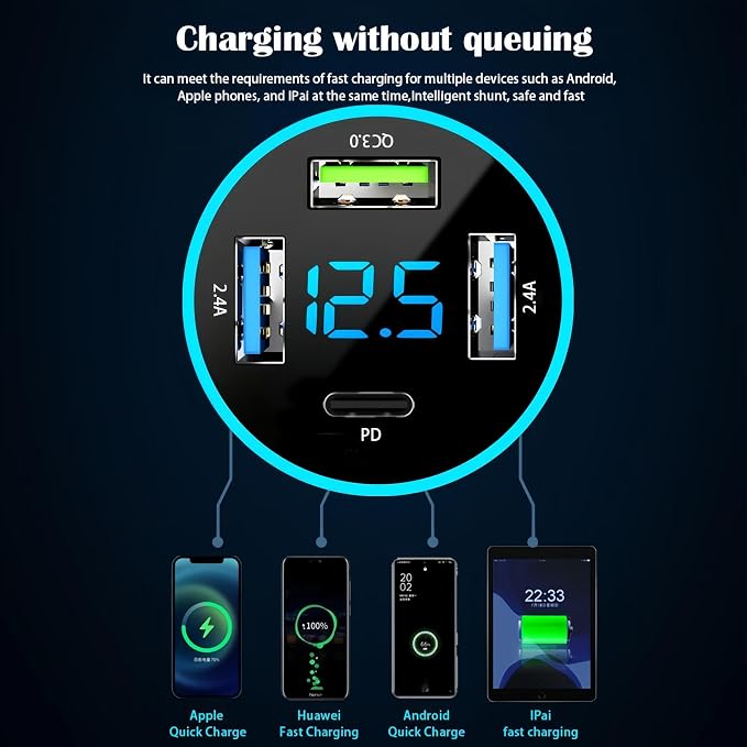 4-Port USB C Car Charger, Cigarette Lighter USB Charger Adapter with Voltmeter PD 3.0 & QC 3.0 Fast Charging for iPhone 17/16/15, Samsung Galaxy, Android Phones & Tablets