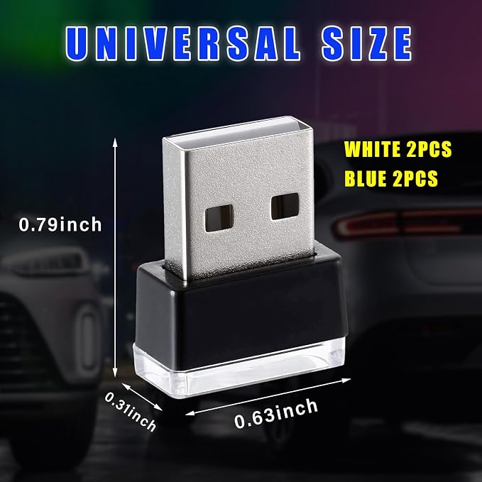 4 PCS USB LED Car Interior Atmosphere Lamp, Plug-in USB Decor Night Light, Portable Auto Ambient Lighting Kit, Universal Vehicle Interior Accessories for Most Cars (White & Blue)