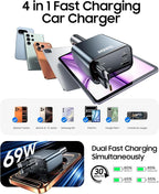 Retractable Car Charger, 4 in 1 Fast Charger USB C Car Truck Accessories for Men Women, Car Accessories for Valentines Day Gifts for Him Her, for iPhone 17 Pro Max/16 Pro Max/15 Pro Max,Galaxy
