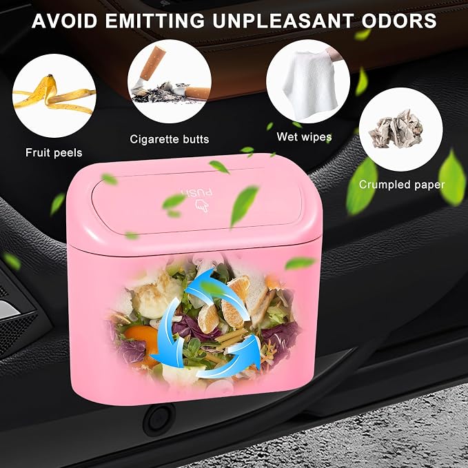 Car Trash Can with Lid, Leakproof Mini Auto Garbage Bin with Trash Bags, Multipurpose Dustbin Container Storage Organizer for Vehicle Home Office, Car Accessories (Pink)