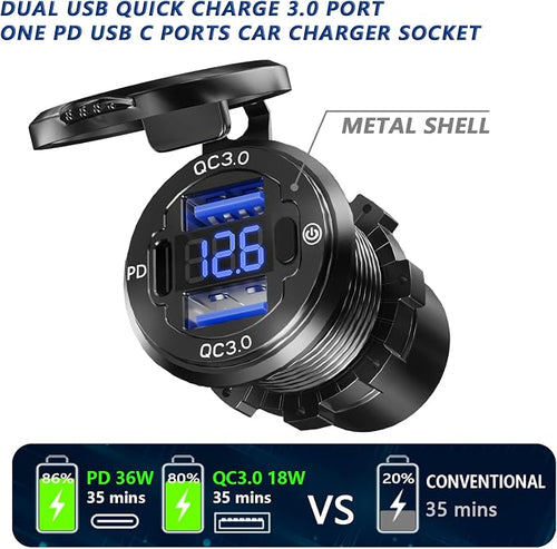 12V USB Outlet, Aluminum Alloy Dual 18W QC3.0 Ports & 36W PD USB Charging Port 12 Volt Outlet Charger Socket, Accessories for Car Boat Marine Motorcycle RV ATV Truck Golf Cart, etc