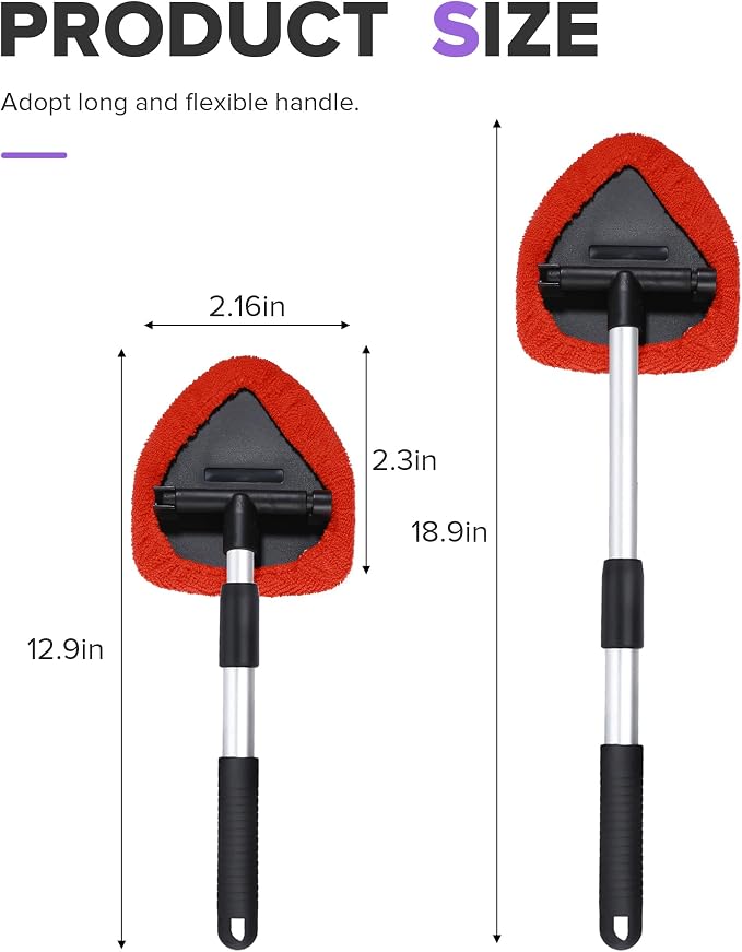 Windshield Cleaner Tool,Car Accessories,Automotive Tool Car Window Cleaner with Extendable Long Handle and 4 Washable Reusable Microfiber Pads,Suitable for Most Cars,SUVs,Trucks,Jeeps (Red)