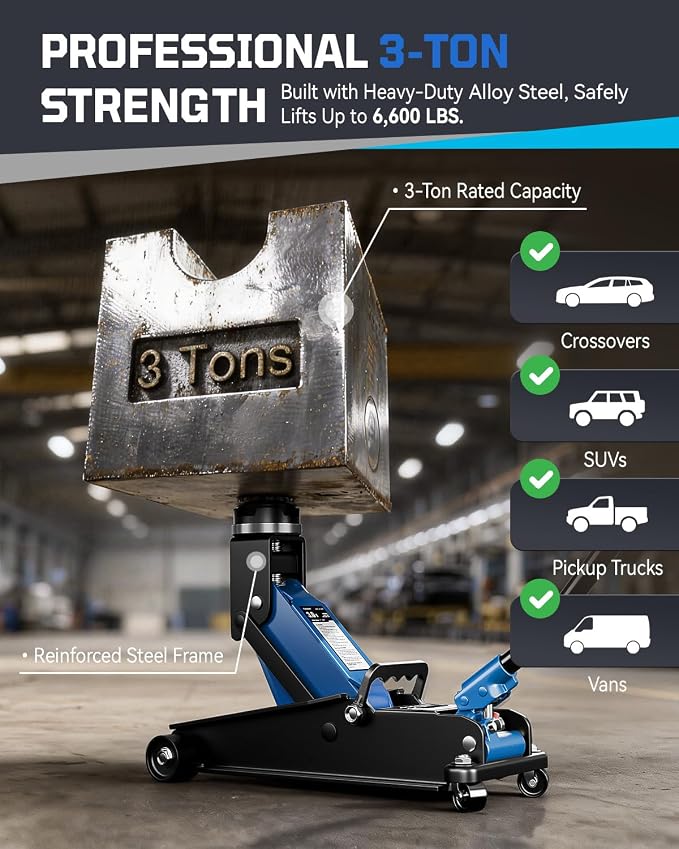 3 Ton Floor Jack, Alloy Steel Hydraulic Car Jack with Quick Lift & Cross-Shape Rubber Pad, 7.1-20.9 Inch Lifting Range for SUV Truck (6600 lbs)