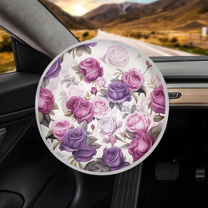 Car Steering Wheel Sun Shade Cover Anti Heat Steering Wheel Cover 17 Inch Vehicle Steering Wheel Sunshade for SUV Vehicle Sedan Truck Purple Rose Car Accessories for Women
