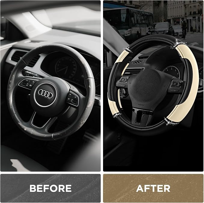 Leather Steering Wheel Cover - Made with PVC Leather - Anti-Slip, Universal Fit 14 1/2 inches to 15 inches - Milky White