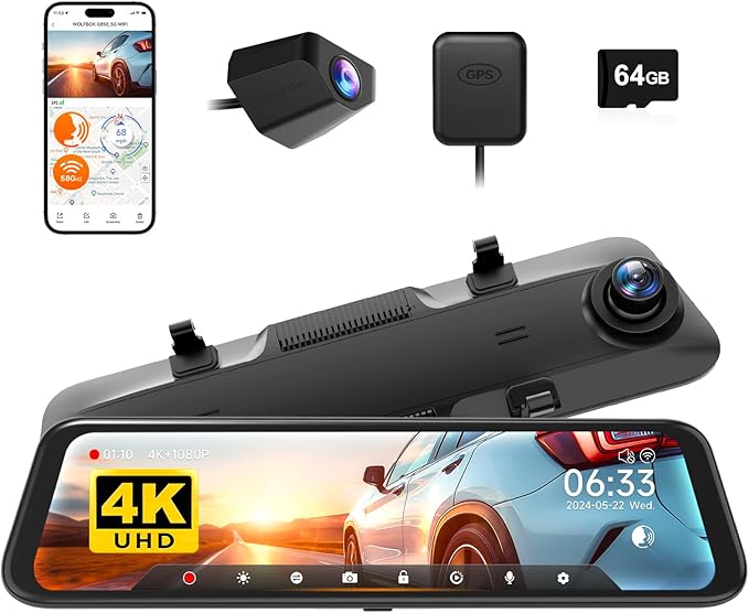 G850 12" 4K Rear View Mirror Camera with 5.8GHz WiFi and Voice Control, Smart Mirror Dash Cam Front and Rear, Backup Camera with 1080P, Dash Cam with WDR, Includes 64GB Card & GPS