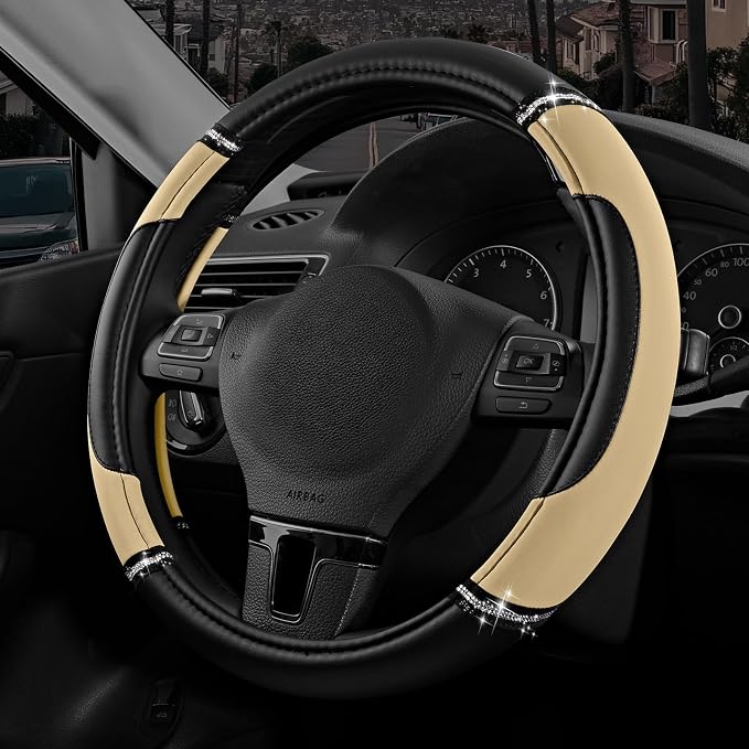 Leather Steering Wheel Cover - Made with PVC Leather - Anti-Slip, Universal Fit 14 1/2 inches to 15 inches - Beige