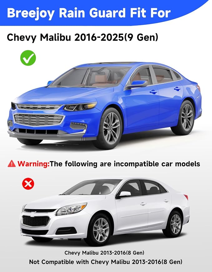 in-Channel Window Rain Guards Fit for Chevy Malibu 2016-2025(9 Gen),Rain Guards Visors Vent Visors Window Deflector, Vent Shades Car Accessories -4 pcs