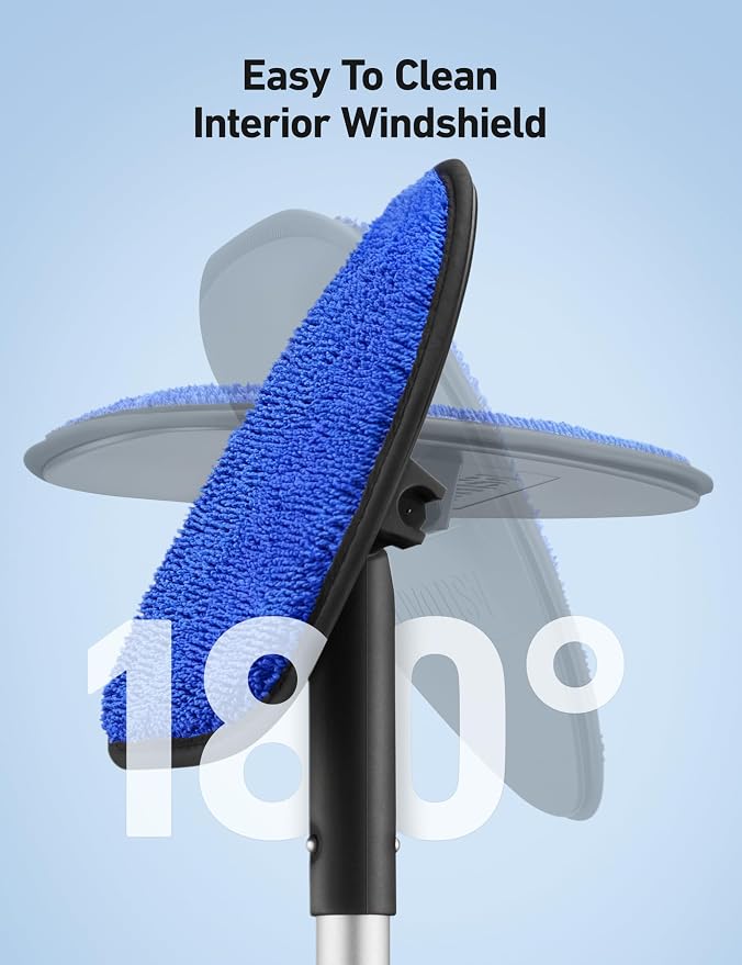 Windshield Cleaner Tool, Car Window Cleaner with 4 Upgraded Microfiber Pads, 1 Spray Bottle, 180° Rotatable and Extendable Handle, Effortless Installation